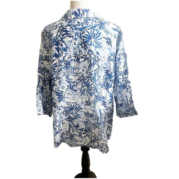 Cynthia Rowley Popover 100% Linen Tunic Plus Size 1X Blue Floral Button Sides - Picture 2 of 12